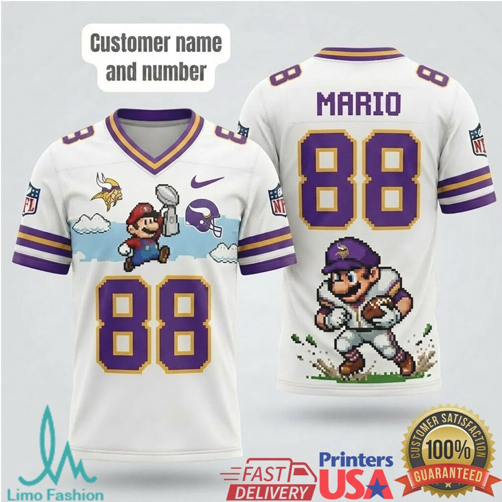 Custom Minnesota Vikings Retro Mario Pixel Football T Shirt Personalized Name & Number T Shirt - Limotees LLC