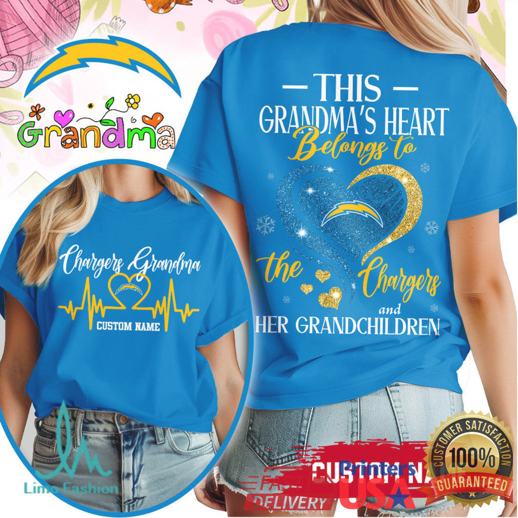 Custom Name Los Angeles Chargers Grandma Heart NFL T Shirt - Limotees LLC