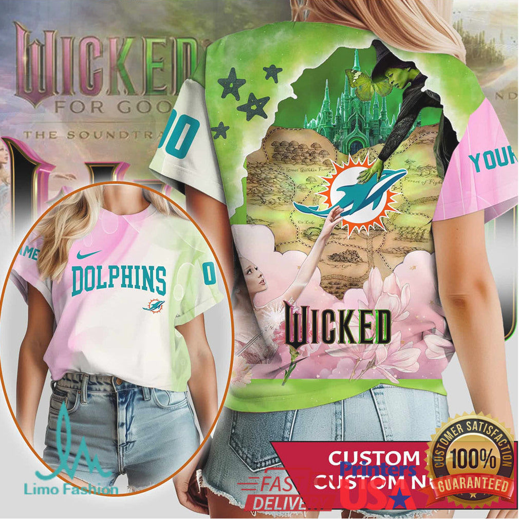 Custom Name Miami Dolphins Wicked Movie Crossover 3D T Shirt - Limotees LLC