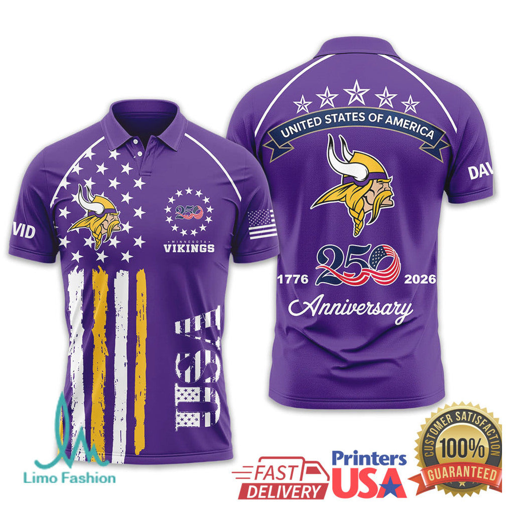 Custom Name Minnesota Vikings 250th Anniversary 1776 2026 USA Flag Purple T Shirt - Limotees LLC