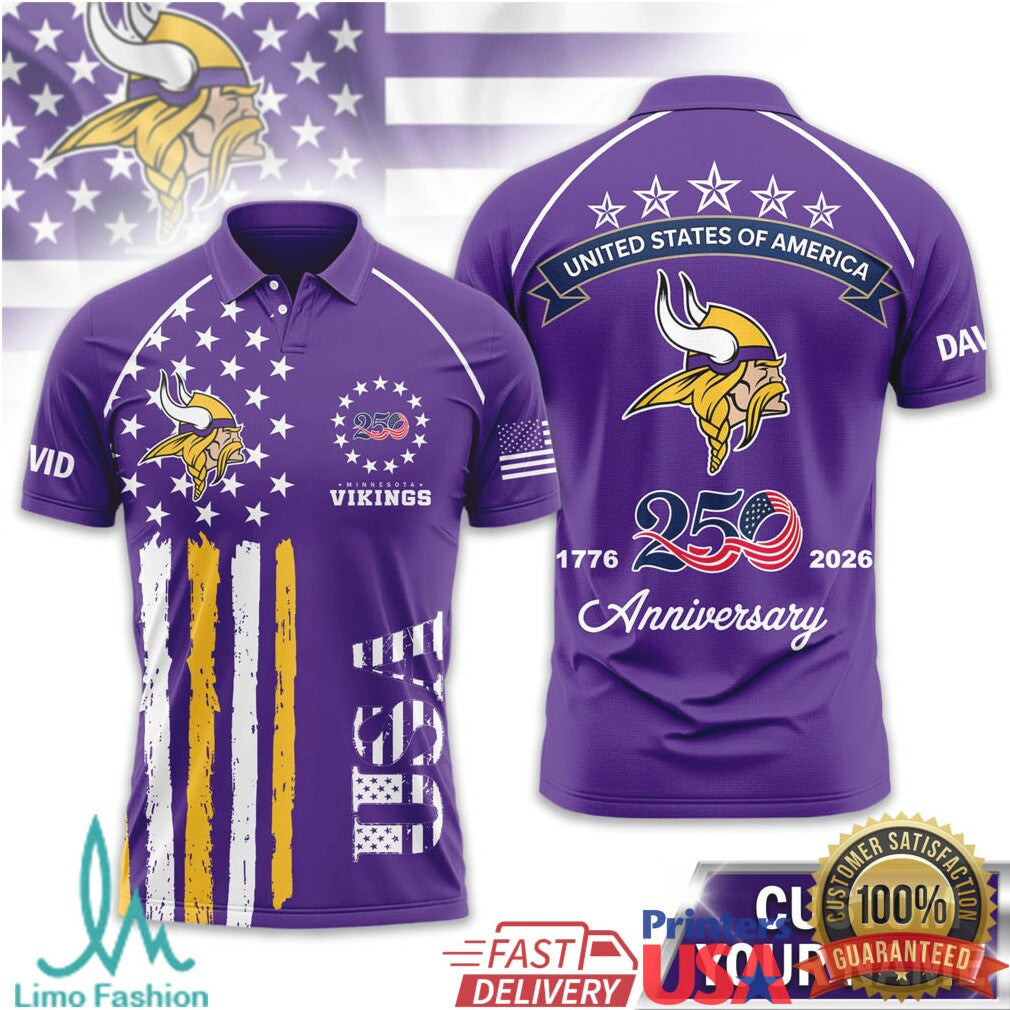 Custom Name Minnesota Vikings 250th Anniversary 1776 2026 USA Flag Purple T Shirt - Limotees LLC
