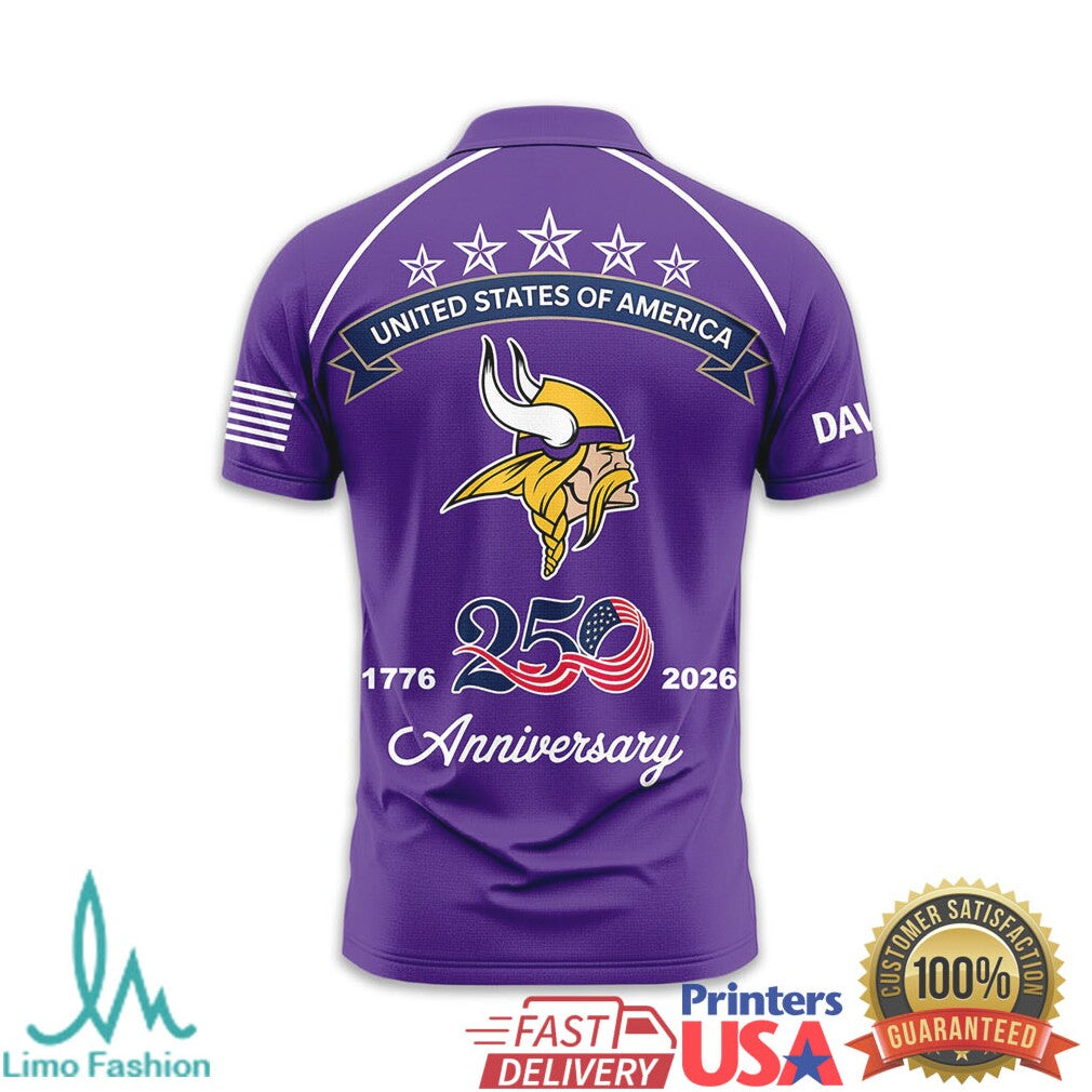 Custom Name Minnesota Vikings 250th Anniversary 1776 2026 USA Flag Purple T Shirt - Limotees LLC