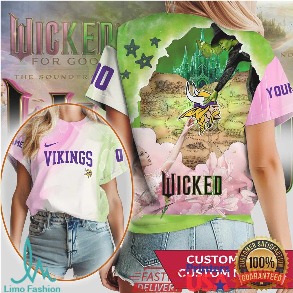 Custom Name & Number Minnesota Vikings x Wicked Elphaba & Glinda T Shirt - Limotees LLC