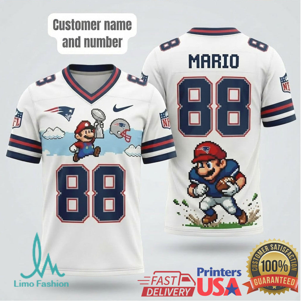 Custom Retro Pixel Mario New England Patriots Football T Shirt Personalized Name & Number