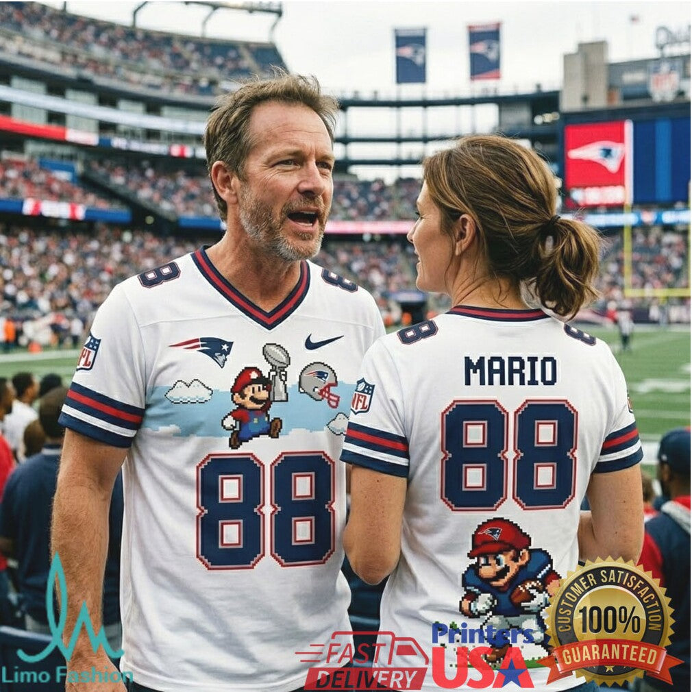 Custom Retro Pixel Mario New England Patriots Football T Shirt Personalized Name & Number