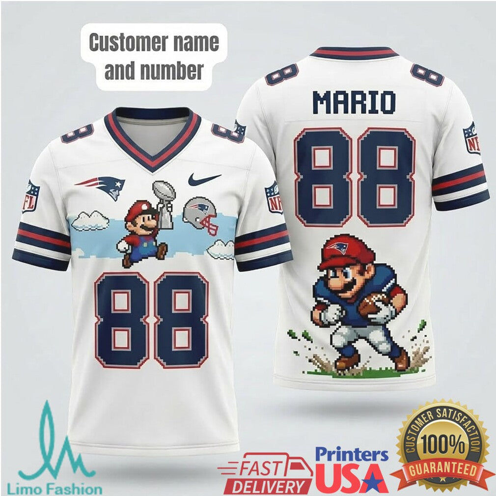 Custom Retro Pixel Mario New England Patriots Football T Shirt Personalized Name & Number