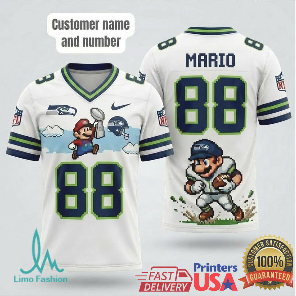 Custom Seattle Seahawks Pixel Mario Football T Shirt Personalized Retro Gaming Fan Apparel