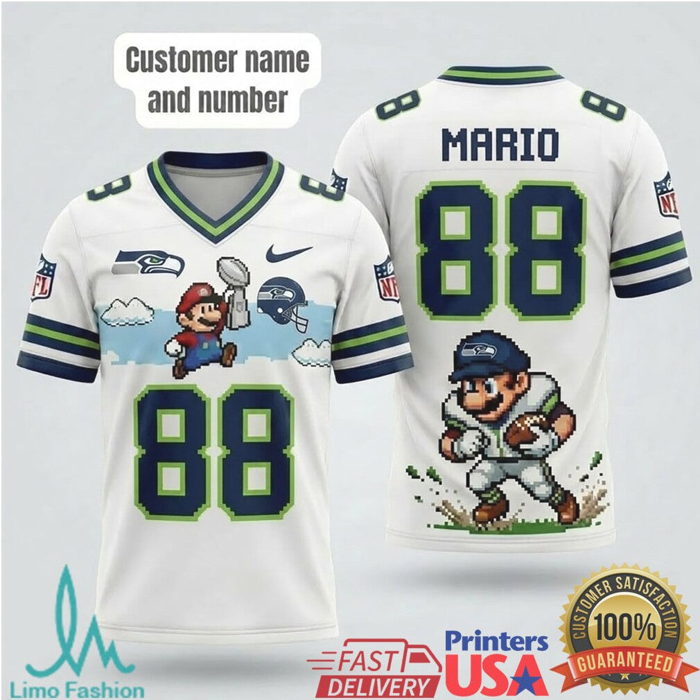 Custom Seattle Seahawks Pixel Mario Football T Shirt Personalized Retro Gaming Fan Apparel