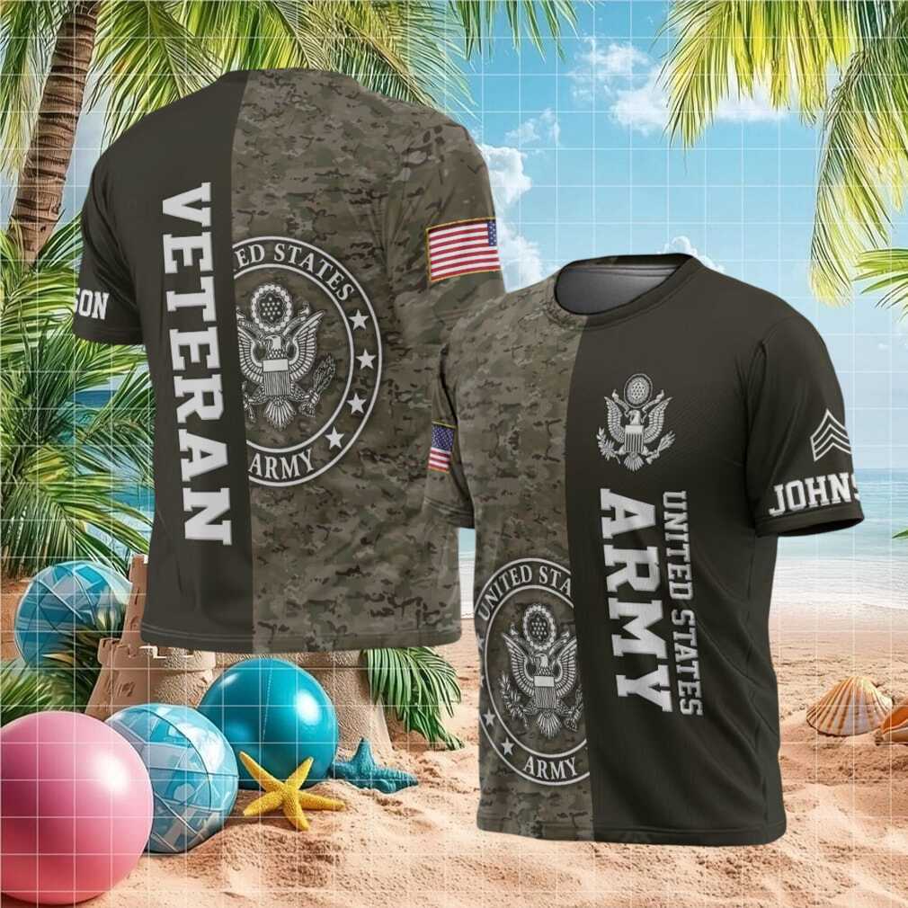 Custom US Army Veteran Camo Split Design T Shirt with Name and Rank - Limotees LLC