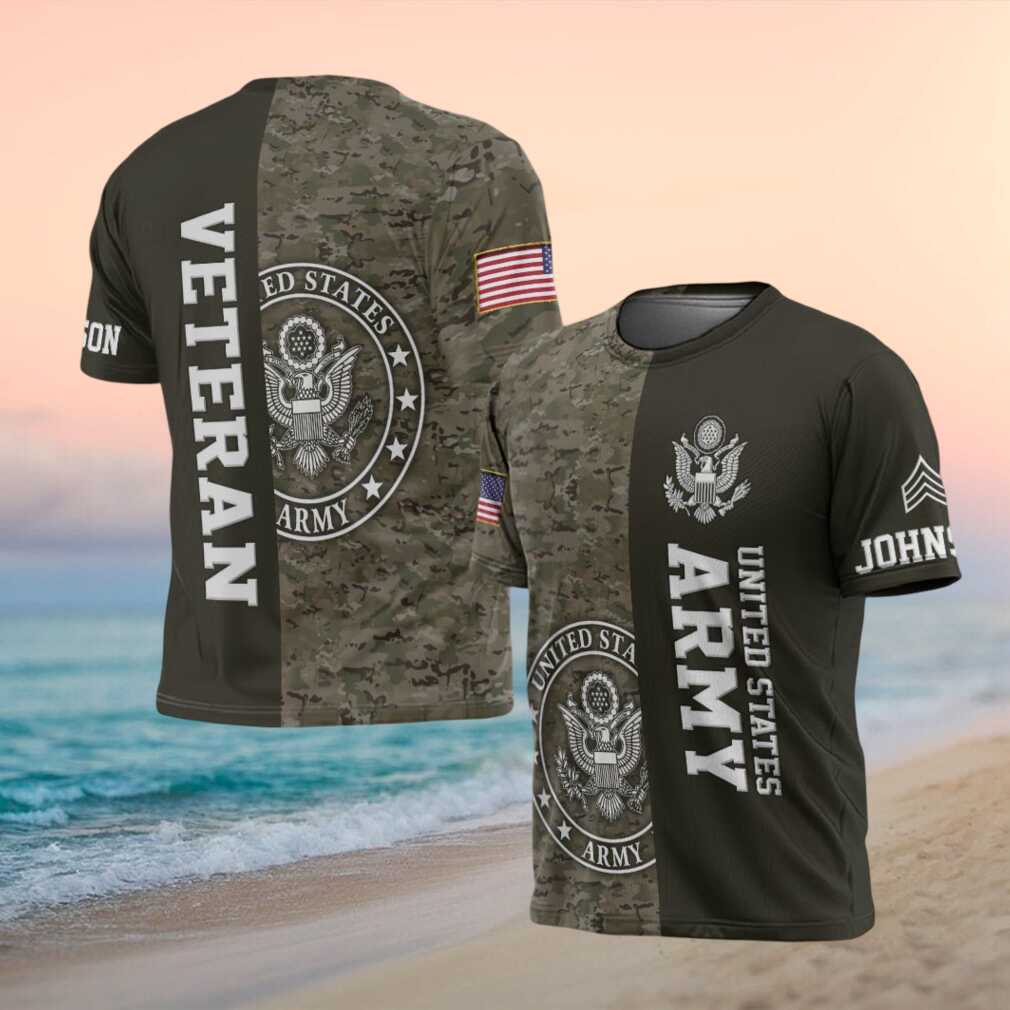 Custom US Army Veteran Camo Split Design T Shirt with Name and Rank - Limotees LLC