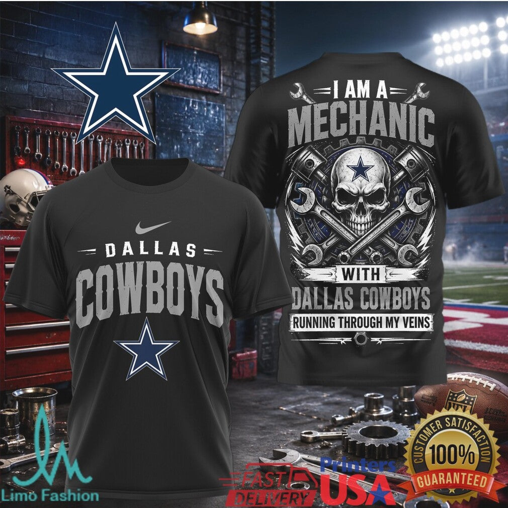 Dallas Cowboys Mechanic Skull Running Through My Veins T Shirt - Limotees LLC
