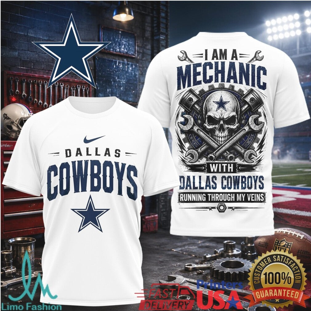 Dallas Cowboys Mechanic Skull Running Through My Veins T Shirt - Limotees LLC