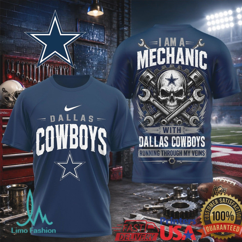 Dallas Cowboys Mechanic Skull Running Through My Veins T Shirt - Limotees LLC