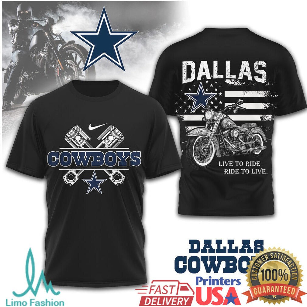 Dallas Cowboys Motorcycle Biker Live To Ride Black T Shirt - Limotees LLC