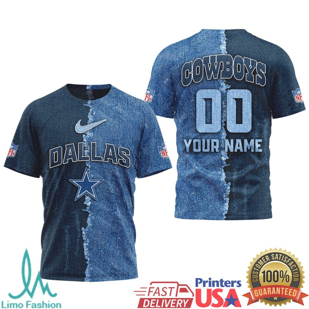 Dallas Cowboys Personalized Denim Rip Effect NFL T Shirt Custom Name & Number Team Gear - Limotees LLC