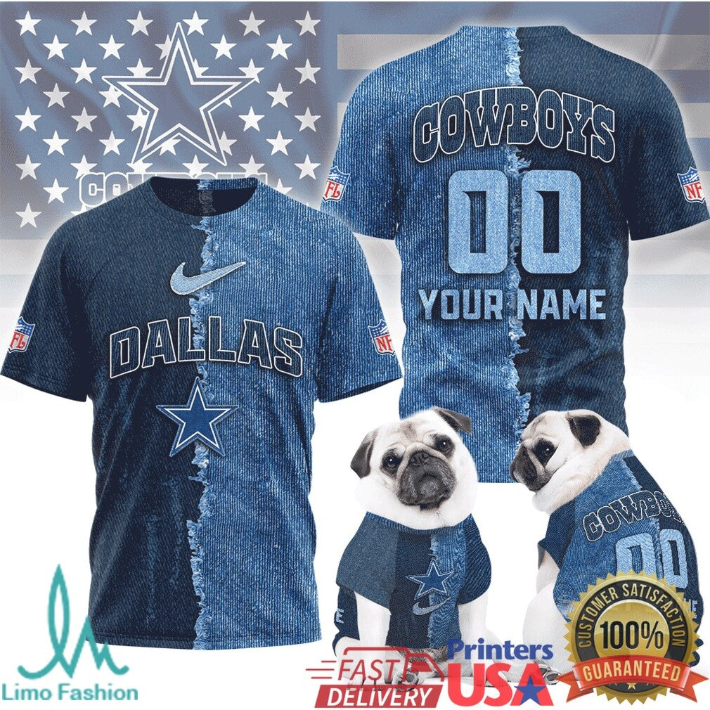 Dallas Cowboys Personalized Denim Rip Effect NFL T Shirt Custom Name & Number Team Gear - Limotees LLC