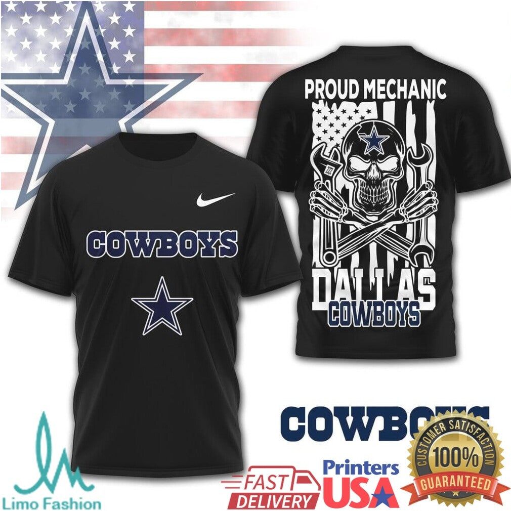 Dallas Cowboys Proud Mechanic Skull USA Flag T Shirt - Limotees LLC