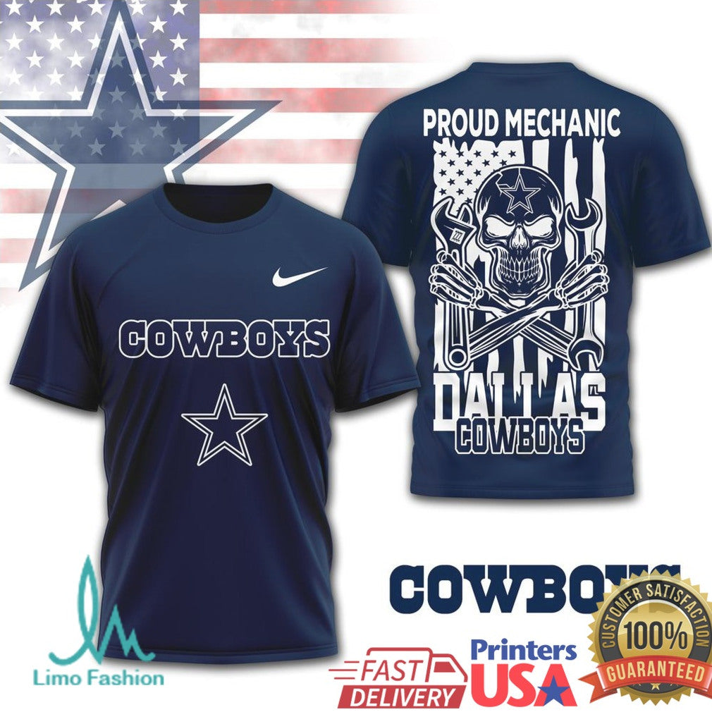 Dallas Cowboys Proud Mechanic Skull USA Flag T Shirt - Limotees LLC