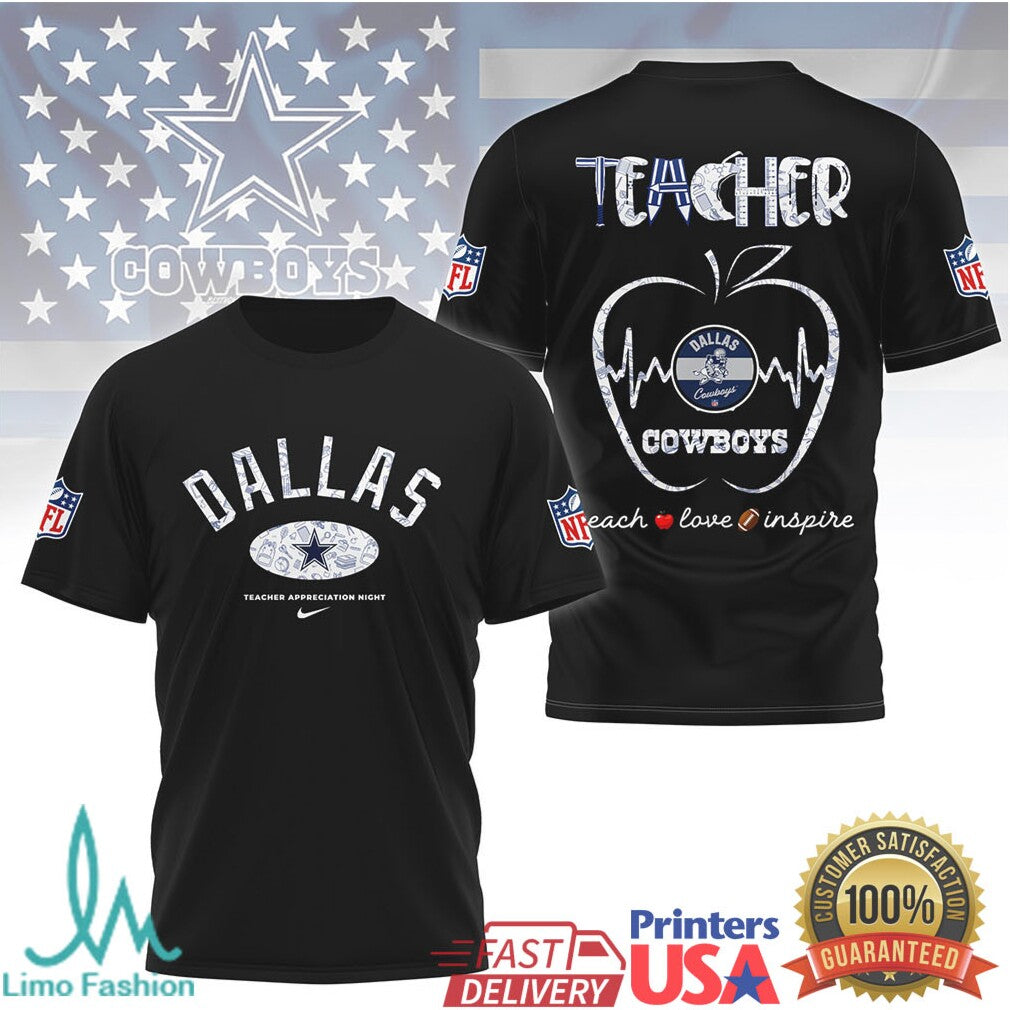 Dallas Cowboys Teacher Appreciation Night Apple Heartbeat Tshirt - Limotees LLC