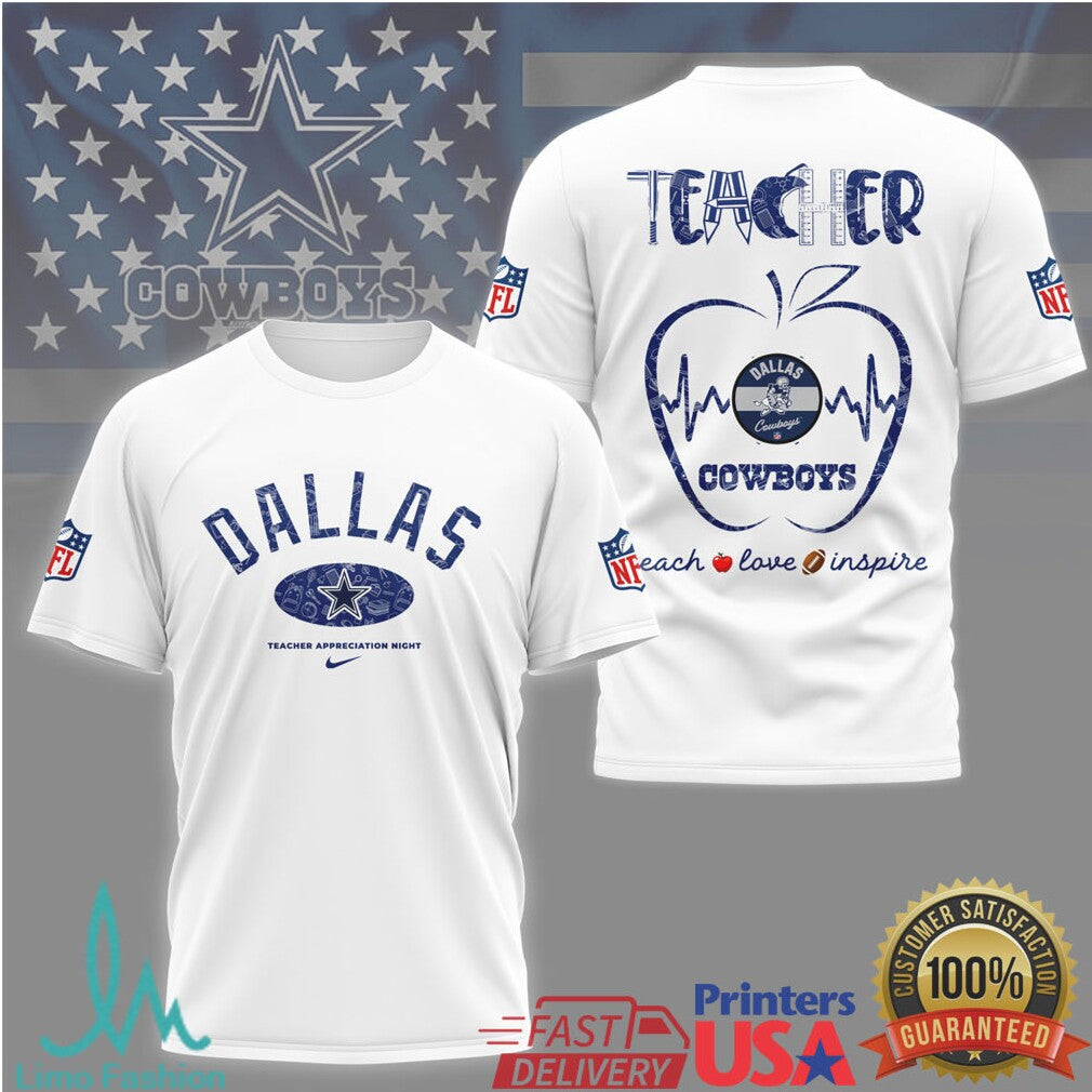 Dallas Cowboys Teacher Appreciation Night Apple Heartbeat Tshirt - Limotees LLC