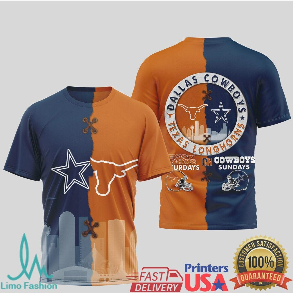 Dallas Cowboys & Texas Longhorns Dual Team Split T Shirt Texas Pride Sunday Gameday - Limotees LLC