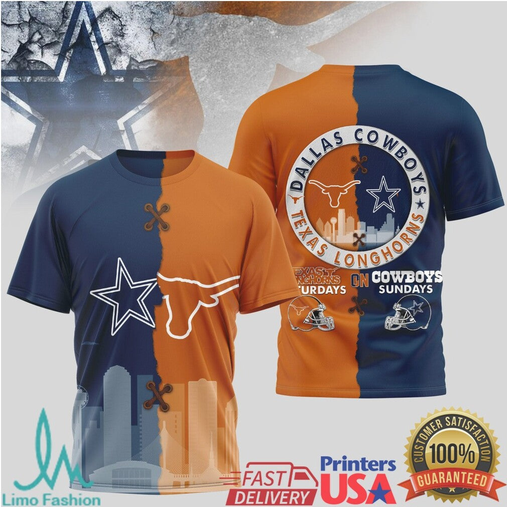 Dallas Cowboys & Texas Longhorns Dual Team Split T Shirt Texas Pride Sunday Gameday - Limotees LLC