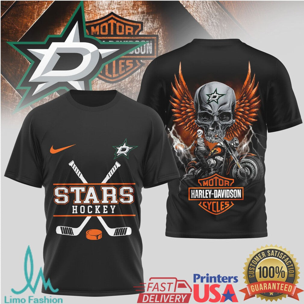 Dallas Stars Hockey x Harley Davidson Skull Wing Biker T Shirt - Limotees LLC