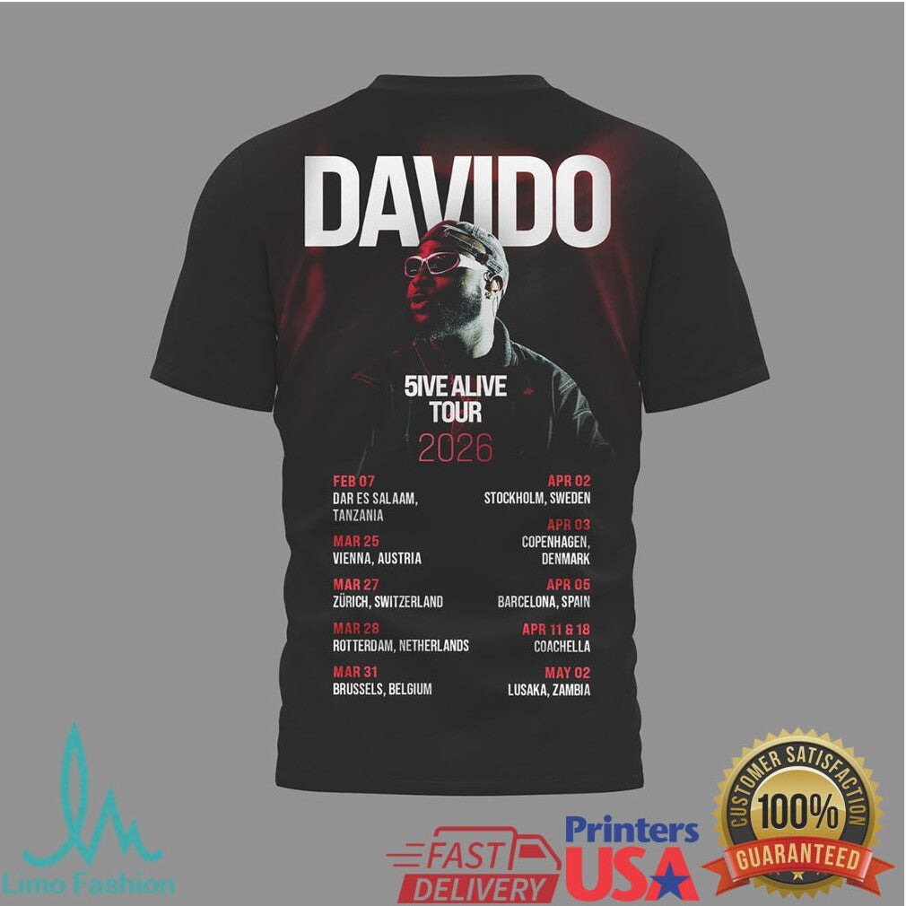 Davido 5ive Alive Tour 2026 Concert T Shirt Official Tour Dates