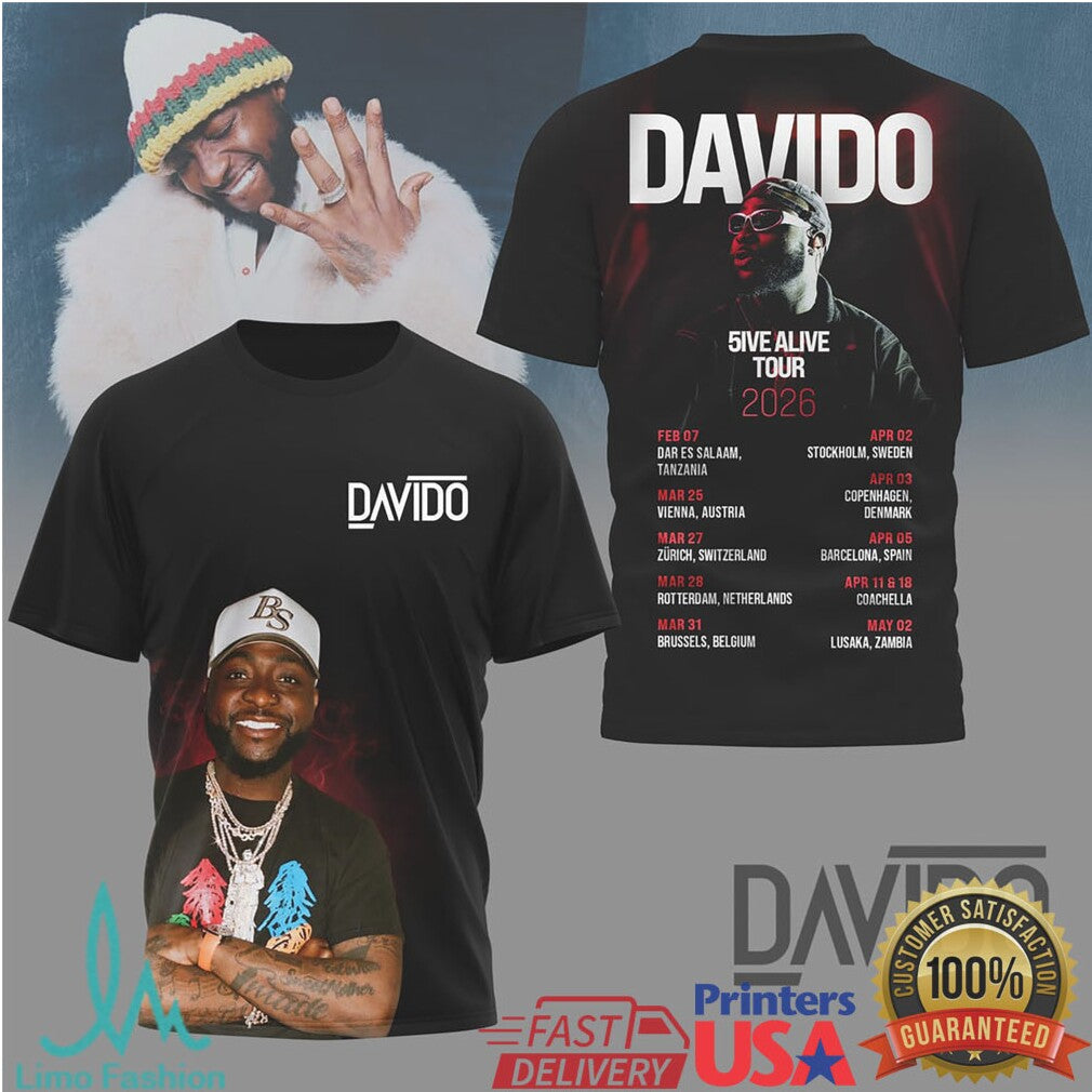 Davido 5ive Alive Tour 2026 Concert T Shirt Official Tour Dates