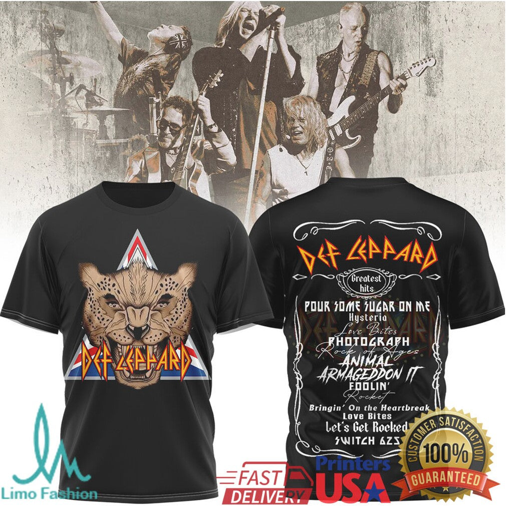Def Leppard Greatest Hits Leopard Logo Double Sided Graphic T Shirt - Limotees LLC