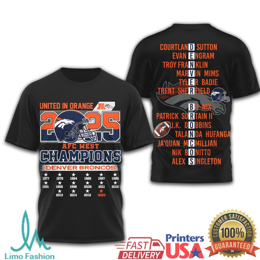 Denver Broncos 2025 AFC West Champions United In Orange Roster Tee - Limotees LLC