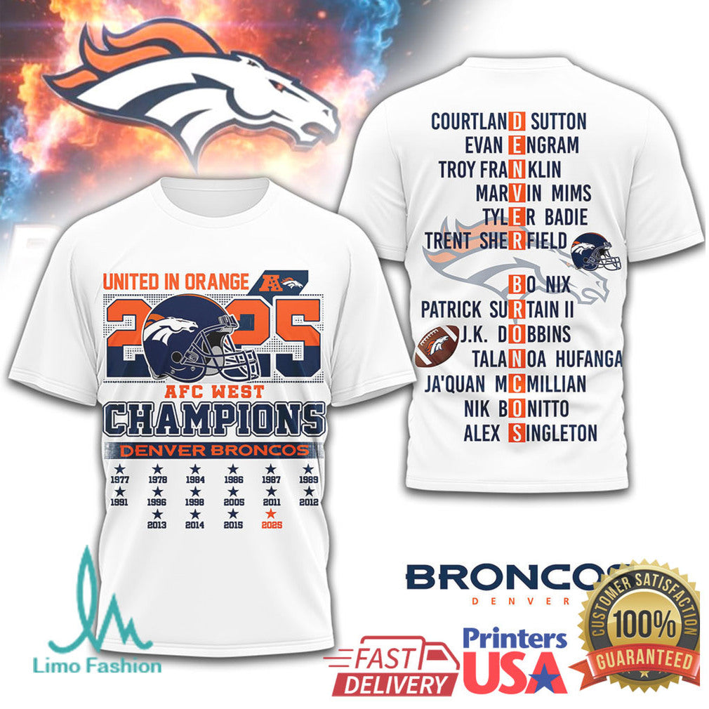 Denver Broncos 2025 AFC West Champions United In Orange Roster Tee - Limotees LLC