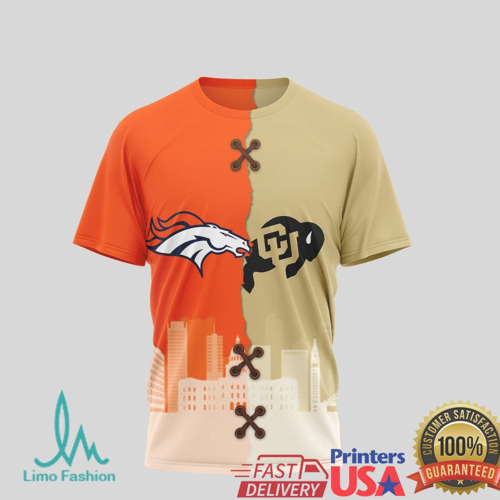 Denver Broncos & Colorado Buffaloes Dual Logo Split T Shirt Mile High Game Day - Limotees LLC