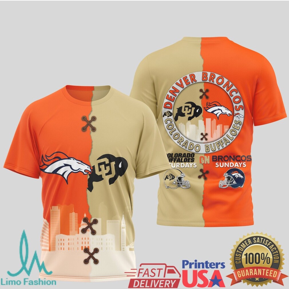 Denver Broncos & Colorado Buffaloes Dual Logo Split T Shirt Mile High Game Day - Limotees LLC