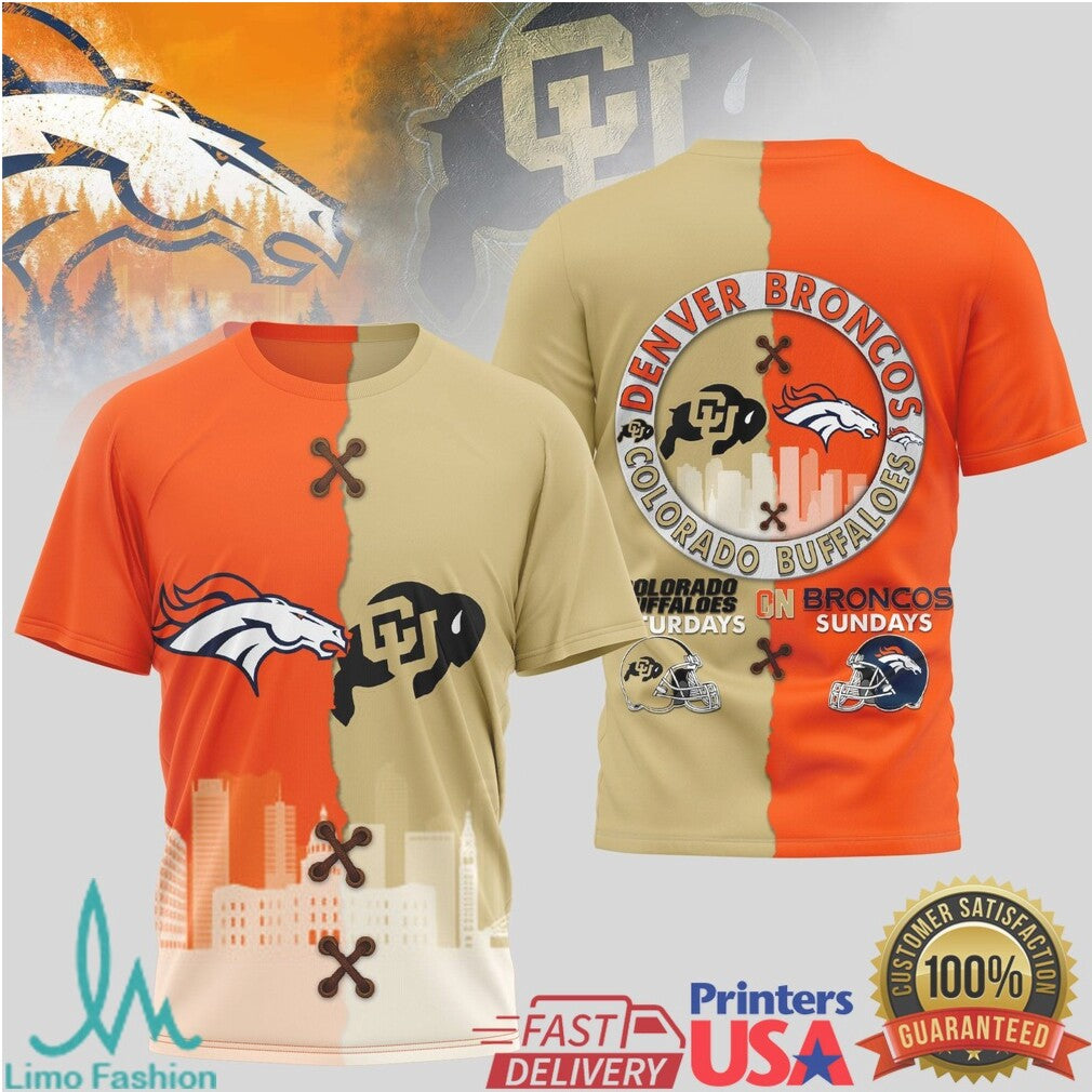 Denver Broncos & Colorado Buffaloes Dual Logo Split T Shirt Mile High Game Day - Limotees LLC