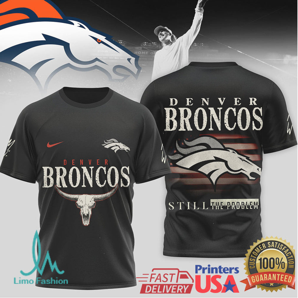 Denver Broncos Cowboy Skull Graphic T Shirt Distressed Broncos Flag Back Print - Limotees LLC