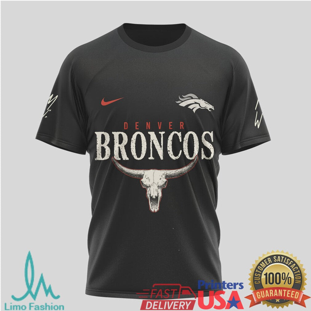 Denver Broncos Cowboy Skull Graphic T Shirt Distressed Broncos Flag Back Print - Limotees LLC