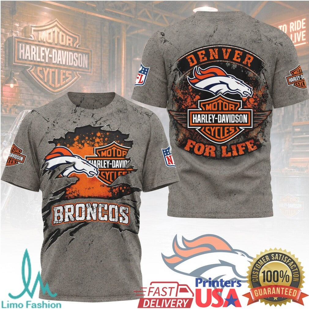 Denver Broncos Harley Davidson For Life Motor Motorcycle T Shirt - Limotees LLC