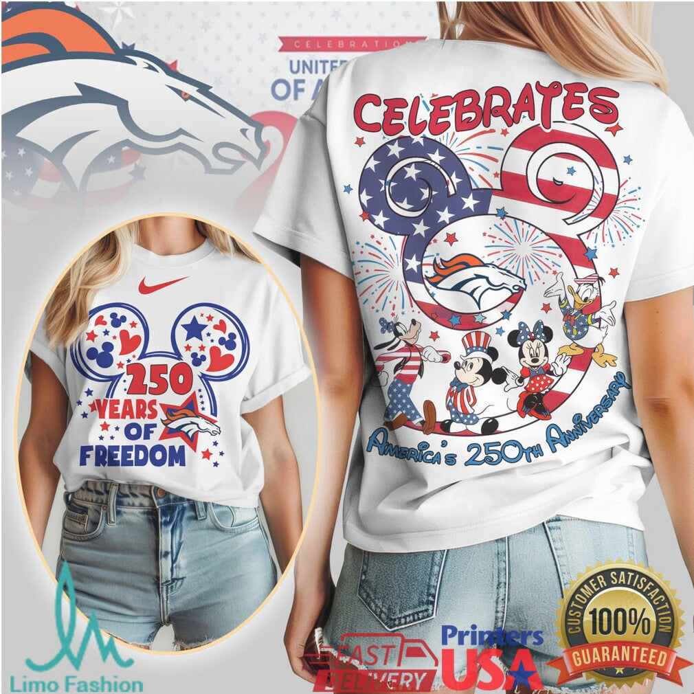 Denver Broncos Mickey & Friends 250 Years of Freedom Patriotic T Shirt - Limotees LLC