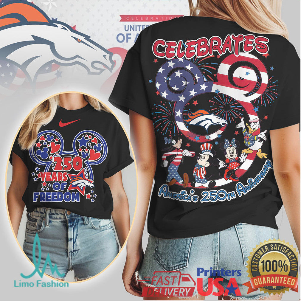 Denver Broncos Mickey & Friends 250 Years of Freedom Patriotic T Shirt - Limotees LLC
