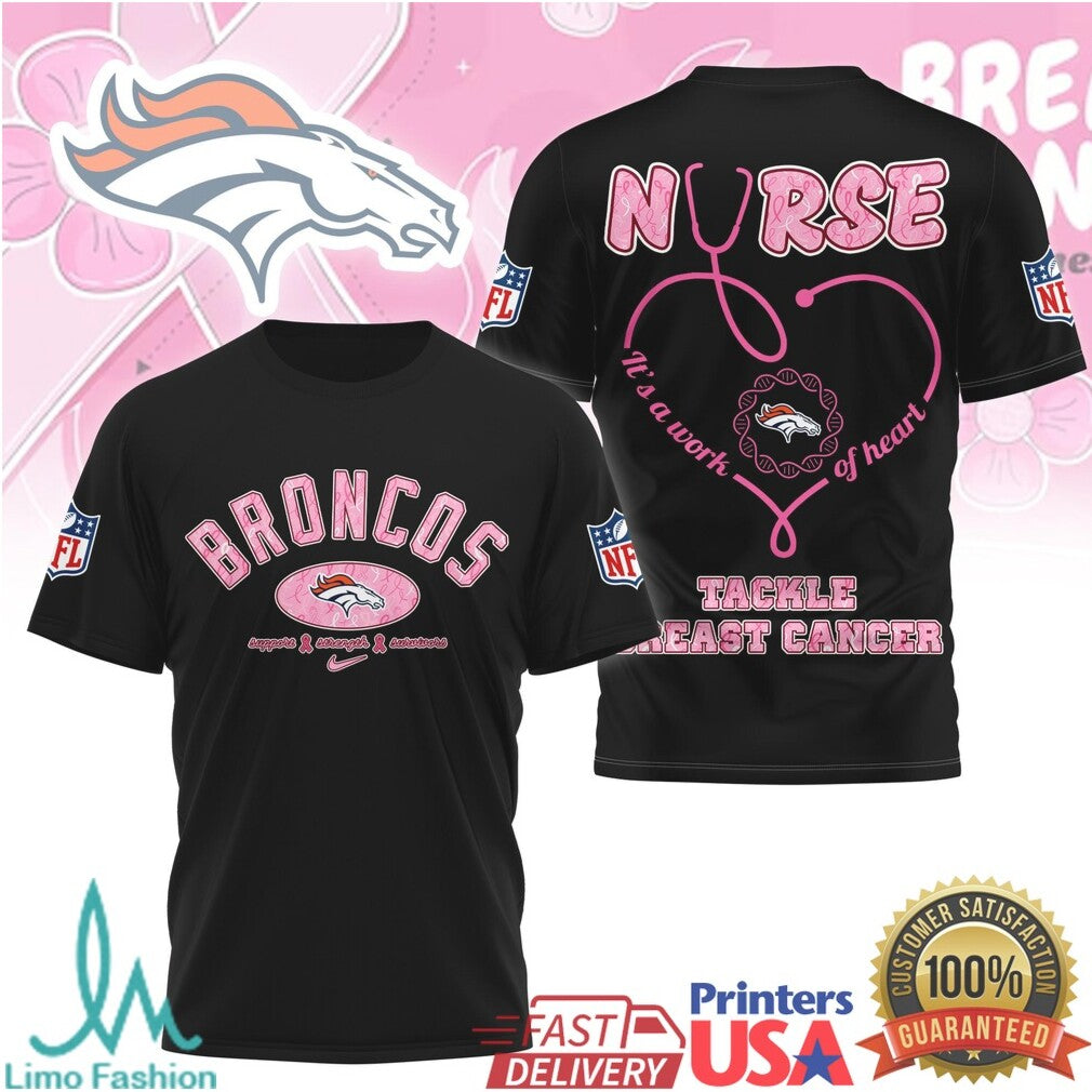 Denver Broncos Nurse Pink Ribbon Breast Cancer Awareness 3D T Shirt - Limotees LLC