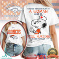 Denver Broncos Nurse T Shirt Snoopy Never Underestimate A Woman Still Nursing In Her Sixties - Limotees LLC