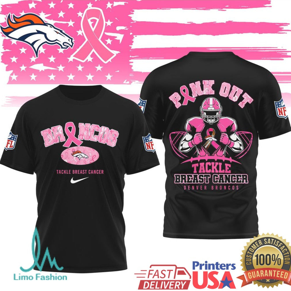 Denver Broncos Pink Out Tackle Breast Cancer Awareness Graphic T Shirt - Limotees LLC