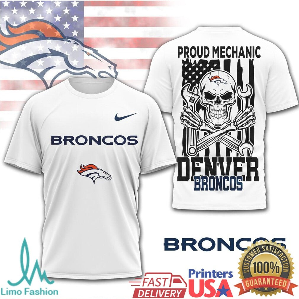 Denver Broncos Proud Mechanic Skull USA Flag T Shirt - Limotees LLC