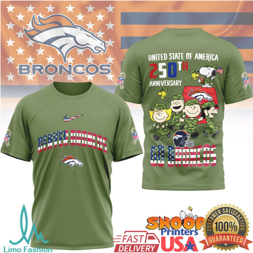 Denver Broncos Snoopy Peanuts 250th Anniversary Military Green T Shirt - Limotees LLC