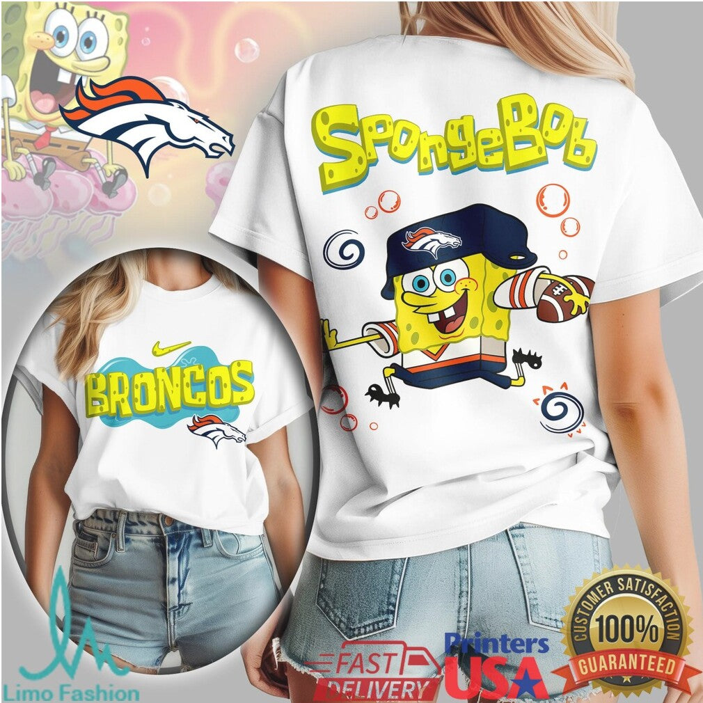 Denver Broncos SpongeBob Football Cartoon Graphic T Shirt - Limotees LLC