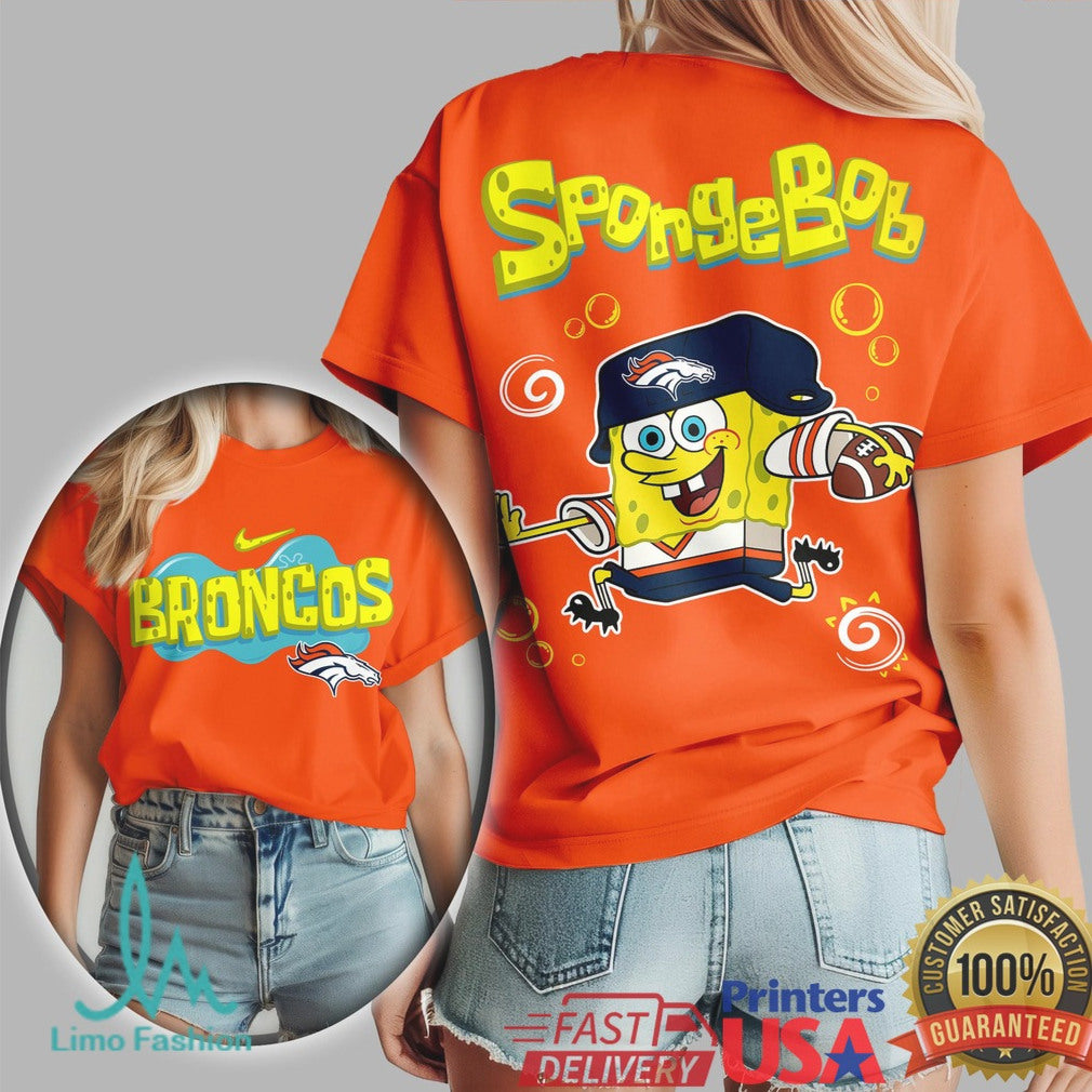Denver Broncos SpongeBob Football Cartoon Graphic T Shirt - Limotees LLC