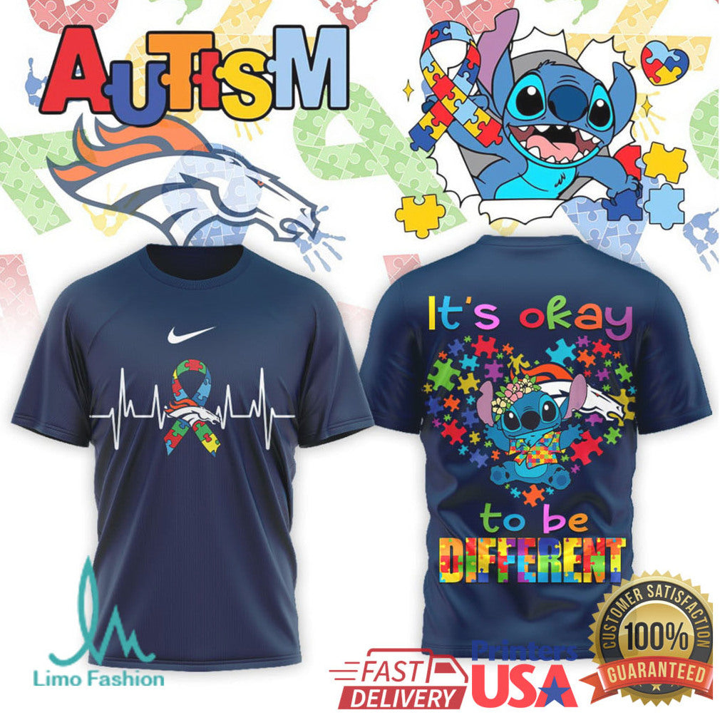 Denver Broncos Stitch Autism Awareness Colorful Ribbon T Shirt