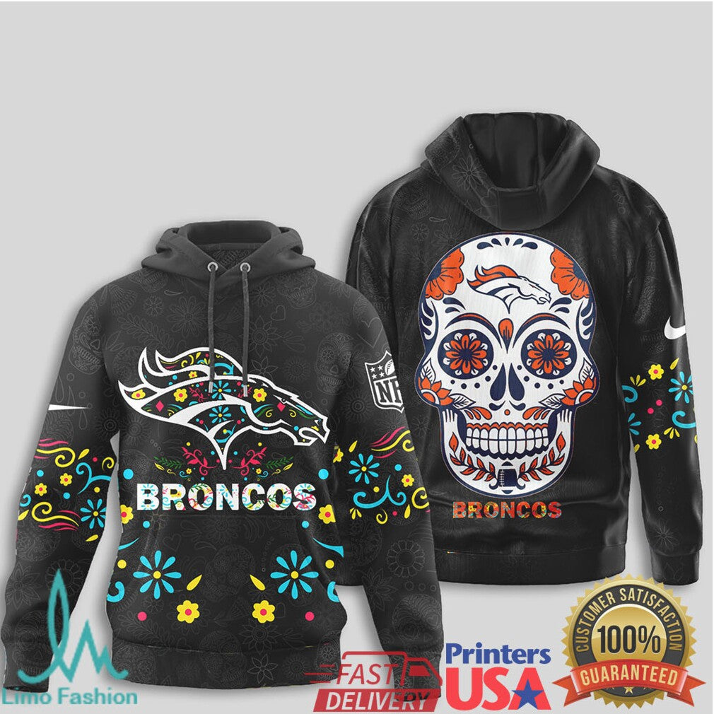 Denver Broncos Sugar Skull T Shirt NFL Dia de los Muertos Artistic Hooded - Limotees LLC