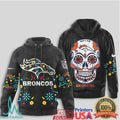 Denver Broncos Sugar Skull T Shirt NFL Dia de los Muertos Artistic Hooded - Limotees LLC
